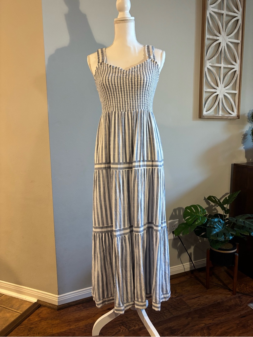 Striped Smocked Maxi Dress - Blue and White